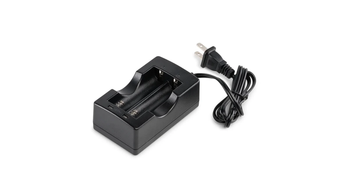 Certified dual-bay lithium-ion battery charger showing regulatory compliance markings