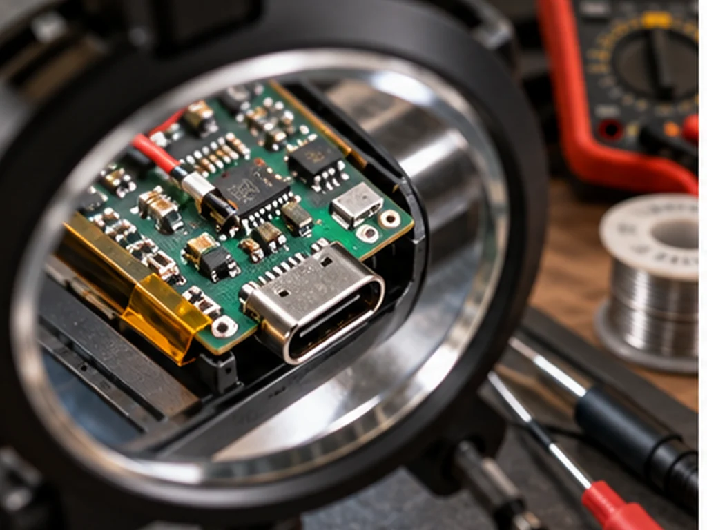 Charging board and USB-C connector viewed under a magnifier