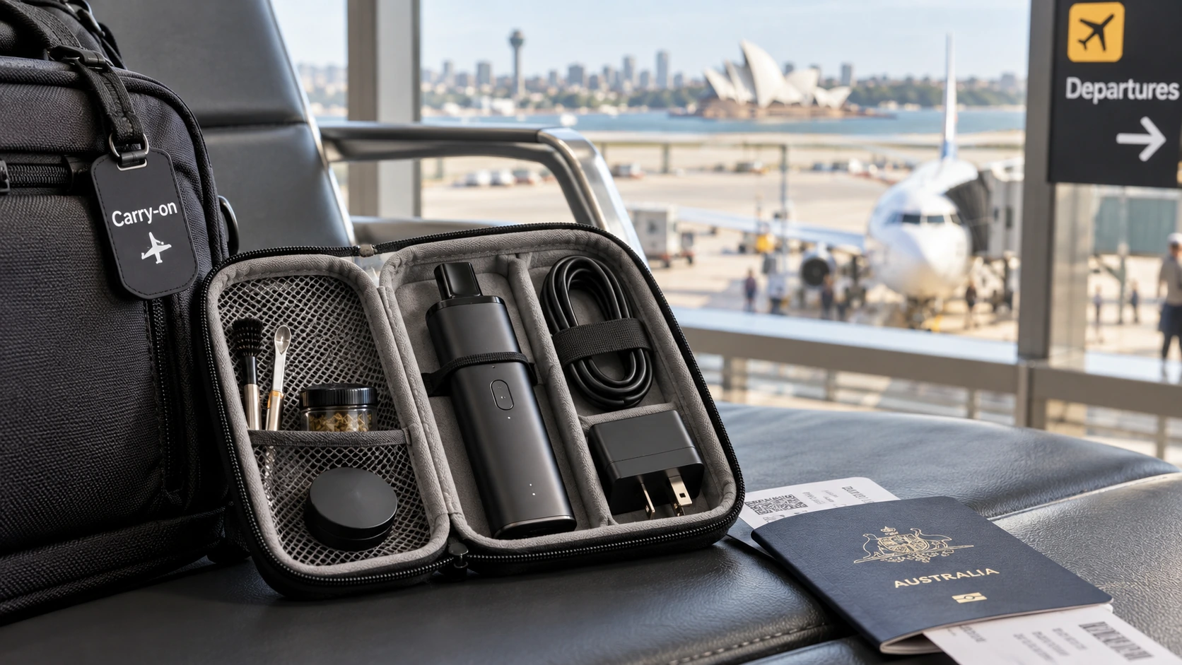 Portable electronic device stored in a protective travel case at an airport