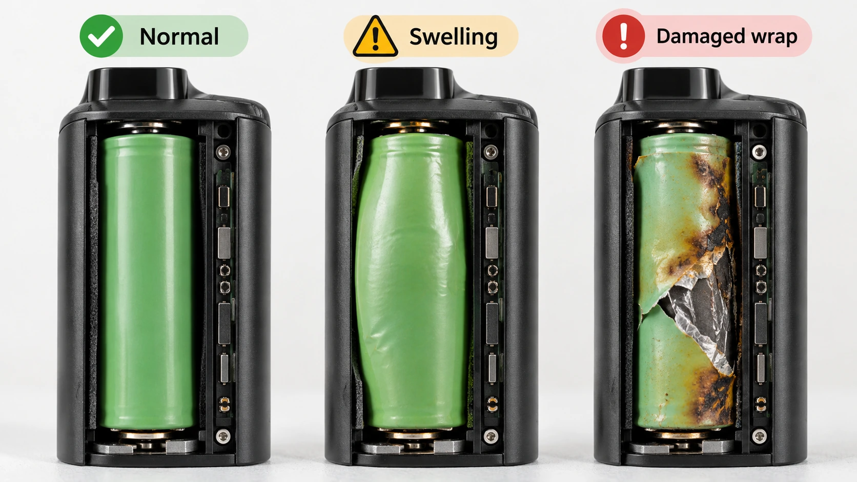 Comparison showing an intact lithium-ion cell alongside visibly swollen and damaged examples