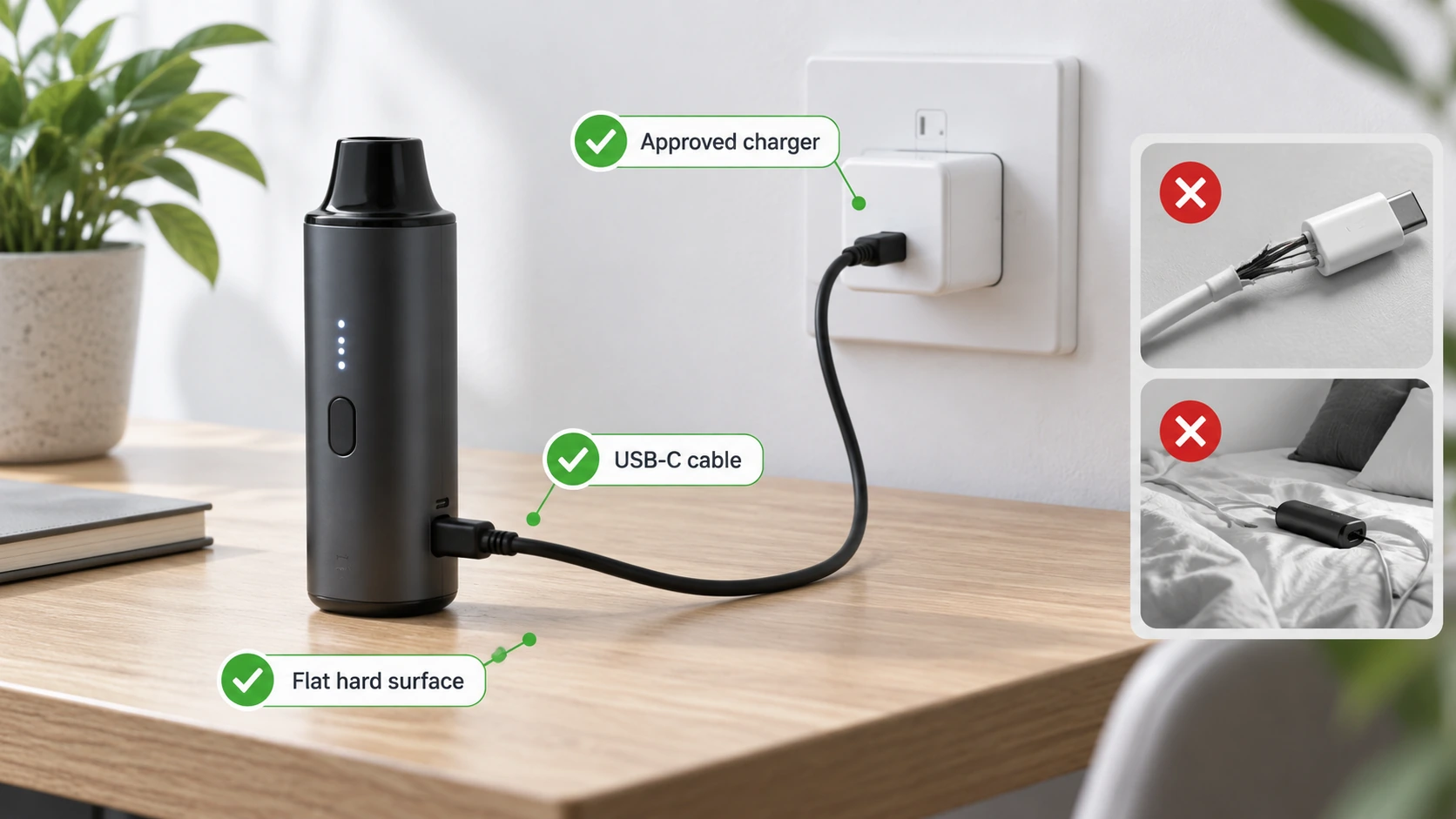 Close view of a portable device charging cable and power connection