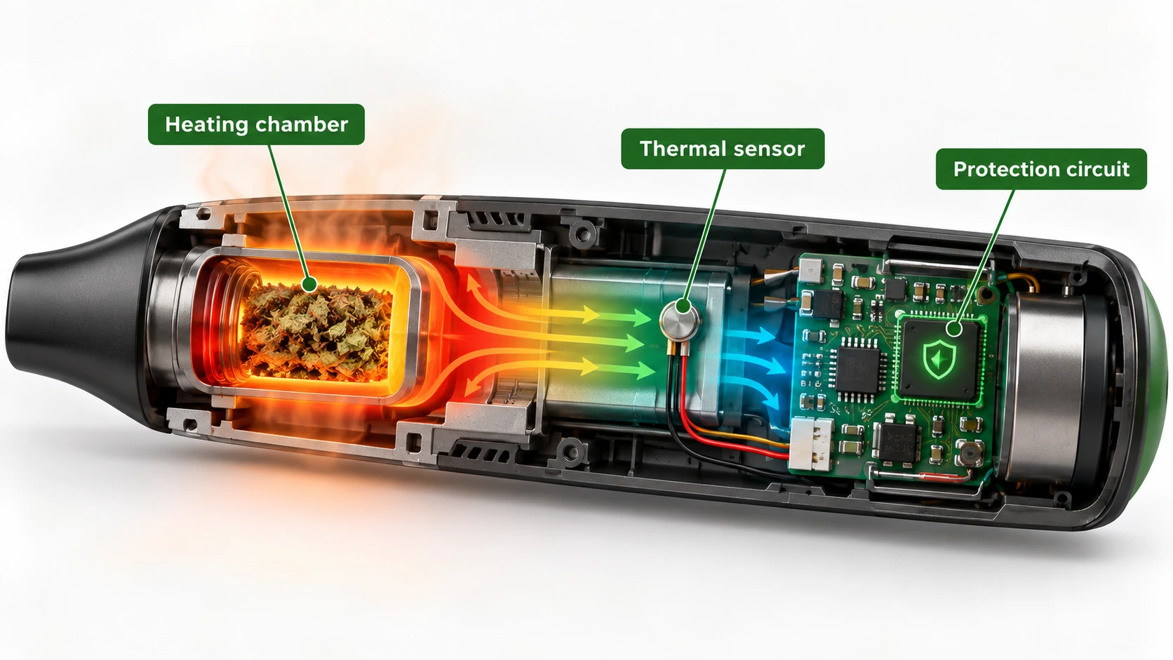 Illustration of the heating chamber, temperature sensing and control circuitry inside a portable device