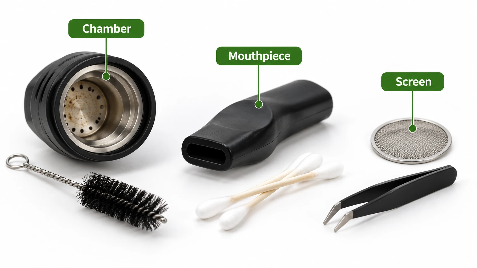 Removable components, a cloth and soft cleaning tools laid out on a work surface