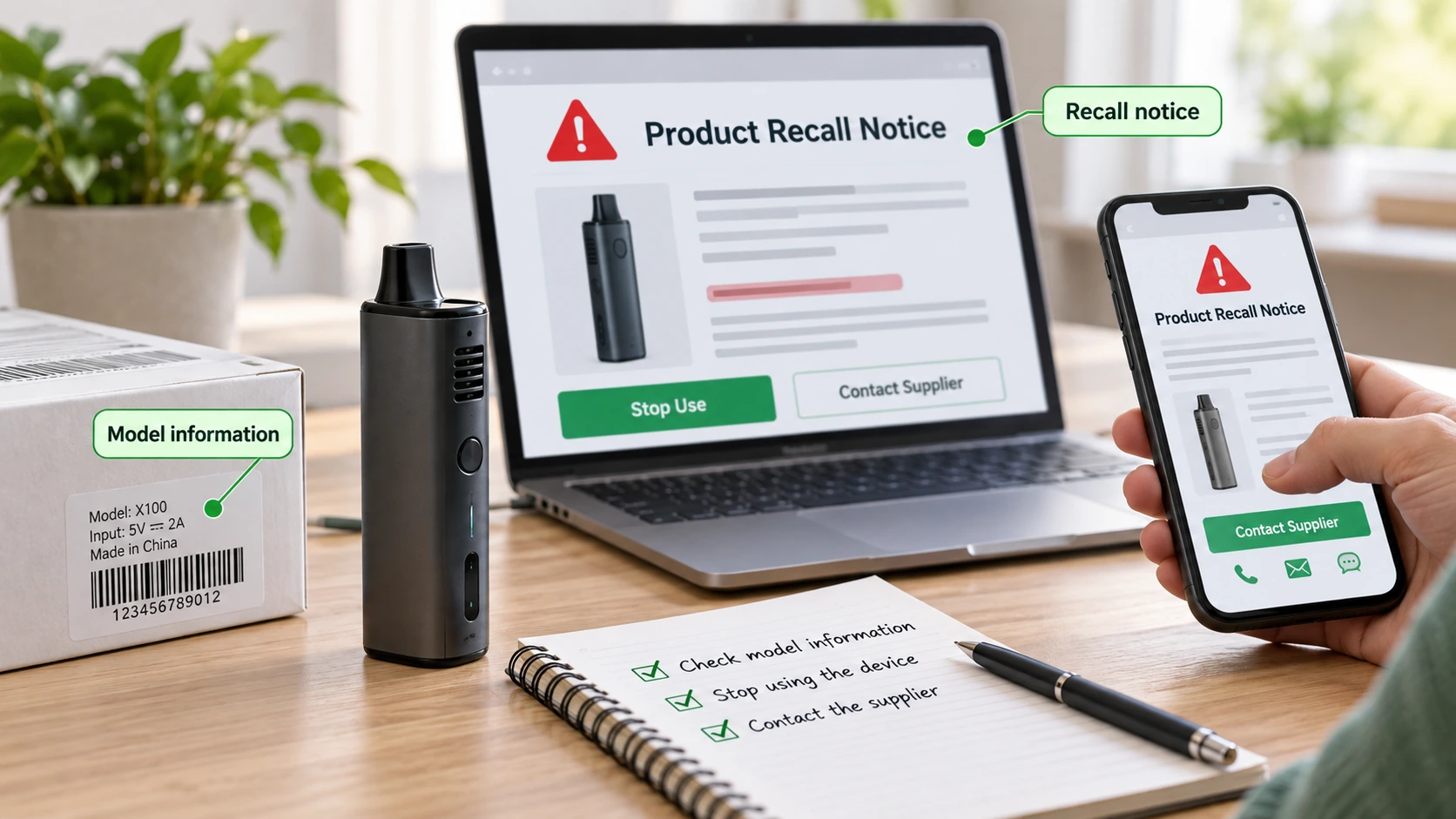 Device model label next to an illustrative online safety and recall notice