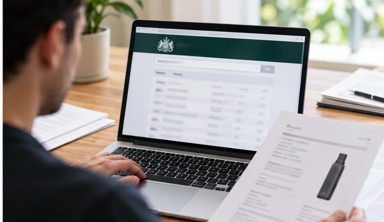 A reader checks an illustrative regulatory database and device paperwork