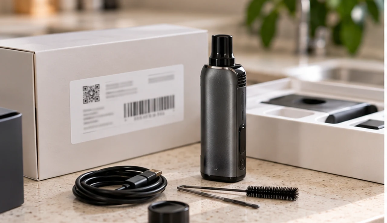 A boxed electronic device and accessories arranged for identification